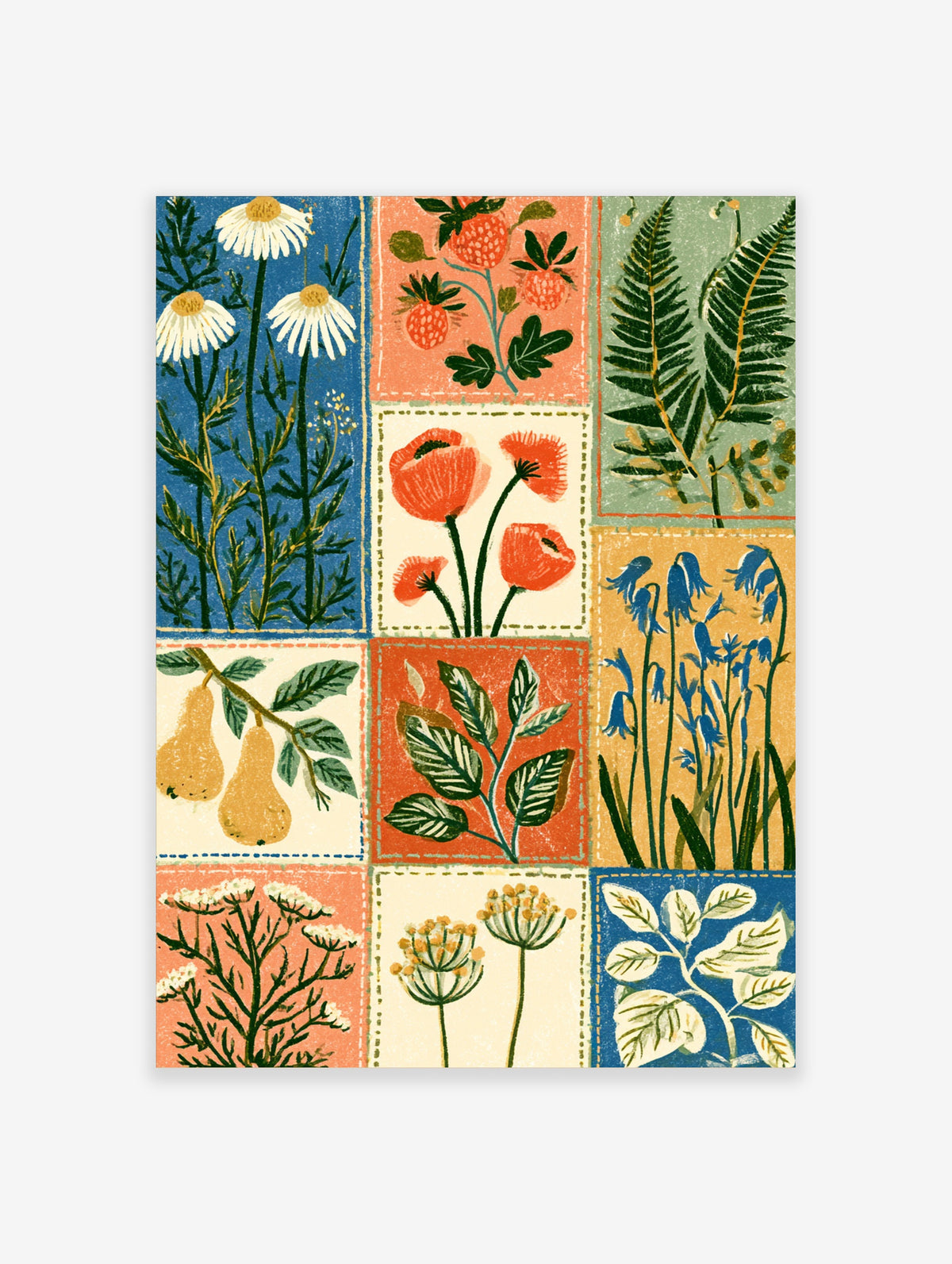 Botanical wall art print with nine panels of daisies, strawberries, ferns, poppies, pears, and bluebells