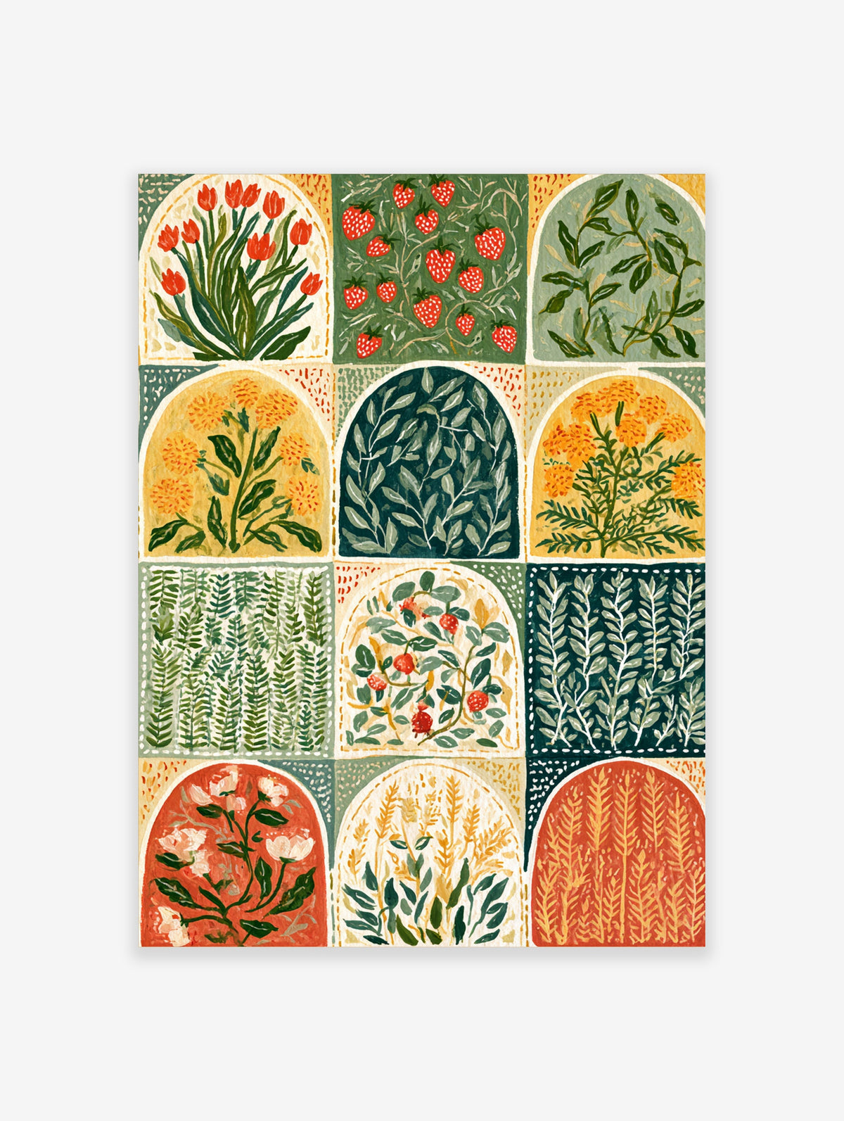 Botanical wall art print with twelve arched panels of tulips, strawberries, ferns and marigolds in red, green and yellow