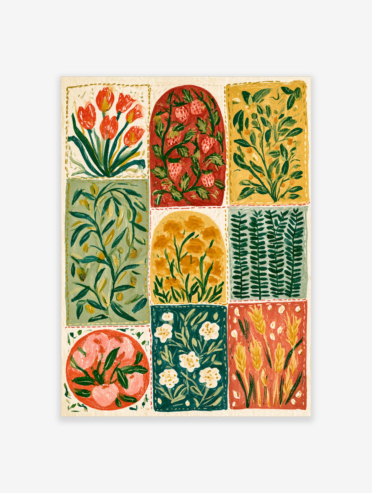Nine-panel botanical art print with tulips, strawberries, olives, wheat and flowers in red, green, yellow and blue