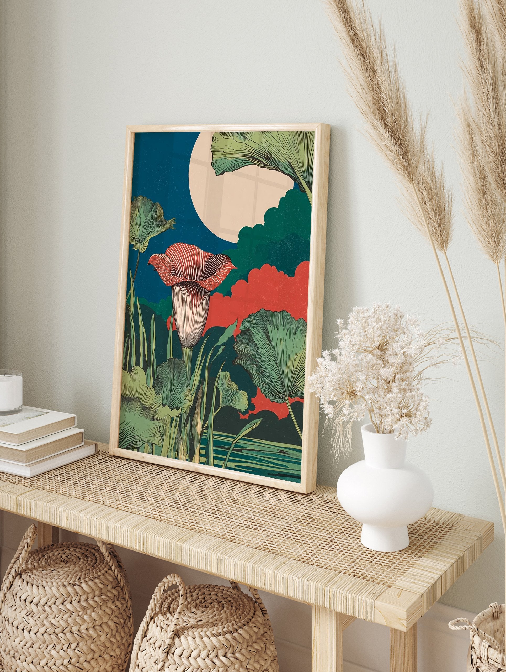 Botanical wall art print of an exotic red flower and green leaves under a large cream moon in a deep blue night sky. - Image 3