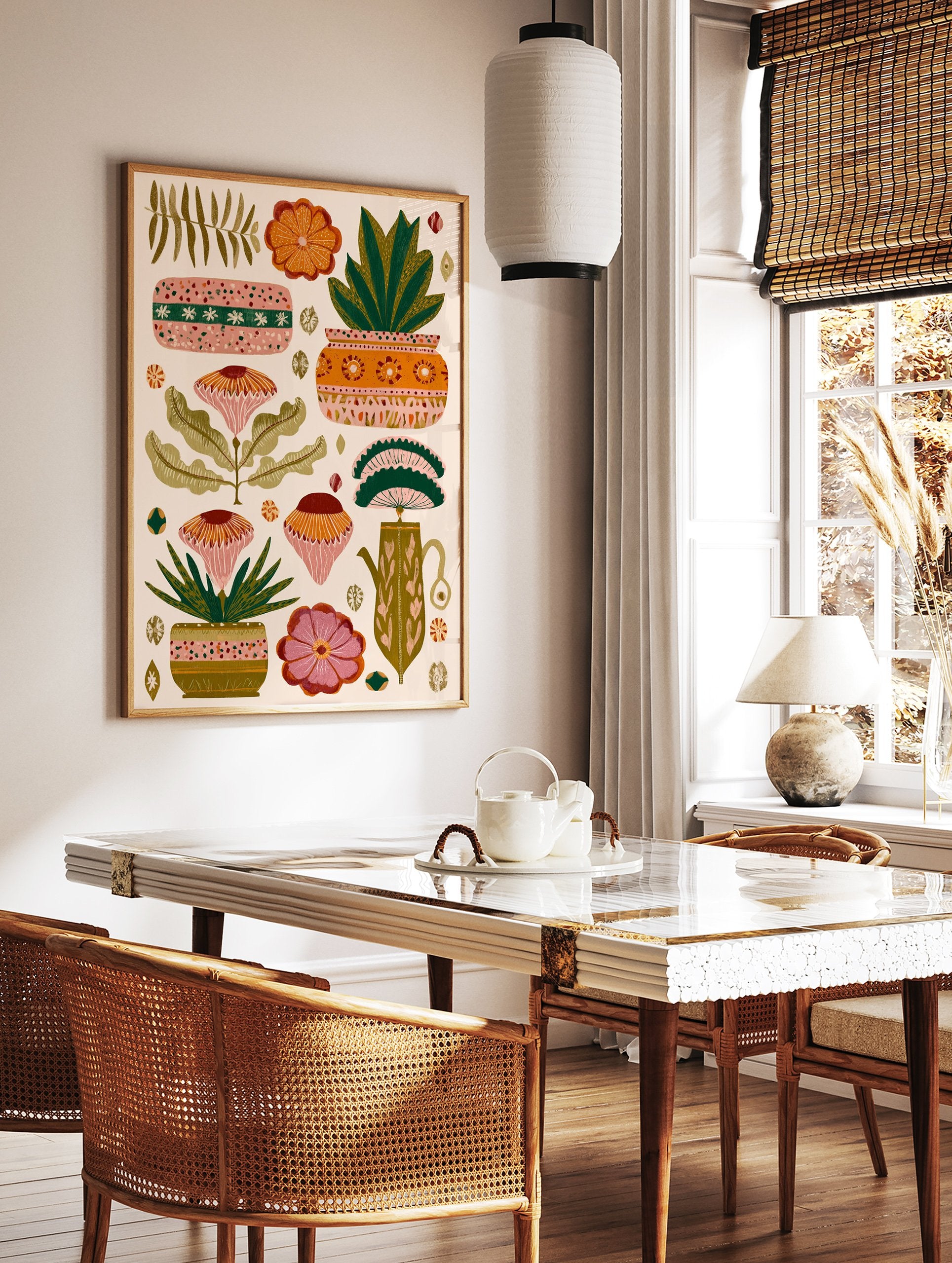 Botanical wall art print featuring folk art illustration of stylized flowers, potted plants, and leaves in earthy tones. - Image 2