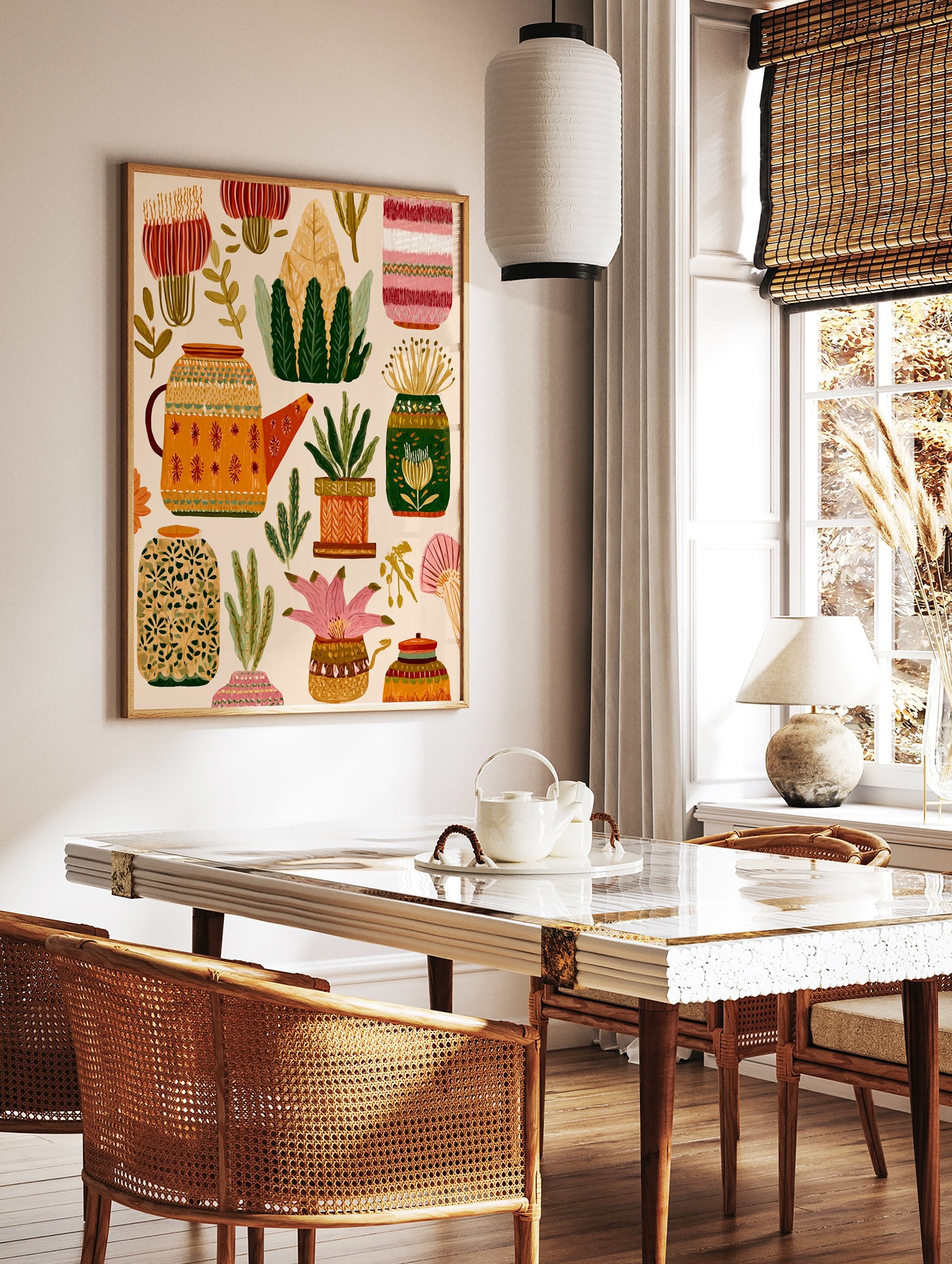 Folk art botanical wall art featuring various stylized plants, flowers, and decorative pots in warm multi-colors. - Image 2