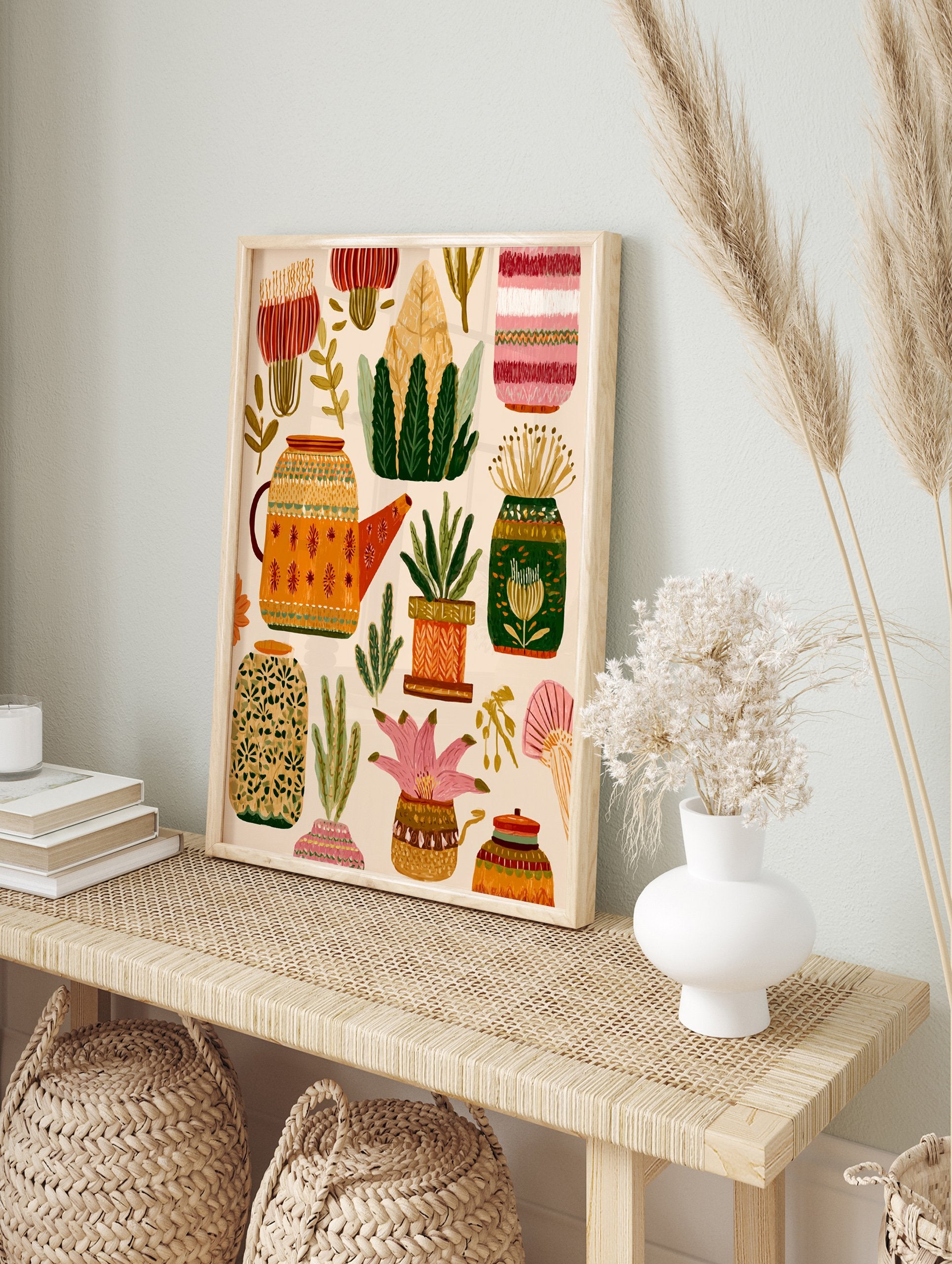 Folk art botanical wall art featuring various stylized plants, flowers, and decorative pots in warm multi-colors. - Image 3