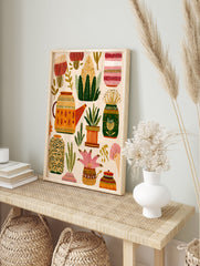 Folk art botanical wall art featuring various stylized plants, flowers, and decorative pots in warm multi-colors. - Image 3