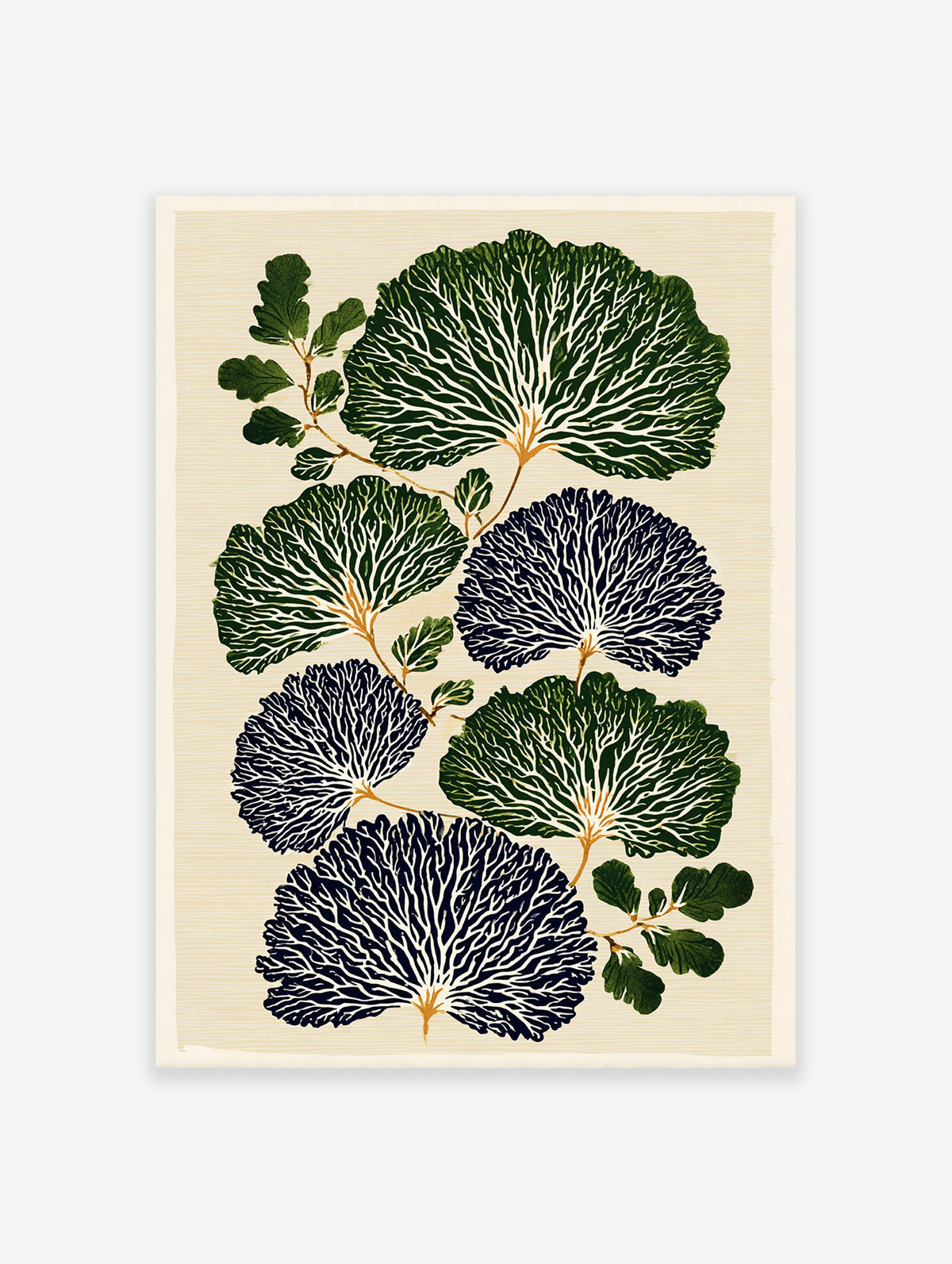 Botanical wall art print with stylized dark green and blue fan-like leaves, white veins, and green branches on a cream background.
