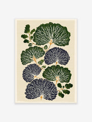 Botanical wall art print with stylized dark green and blue fan-like leaves, white veins, and green branches on a cream background.