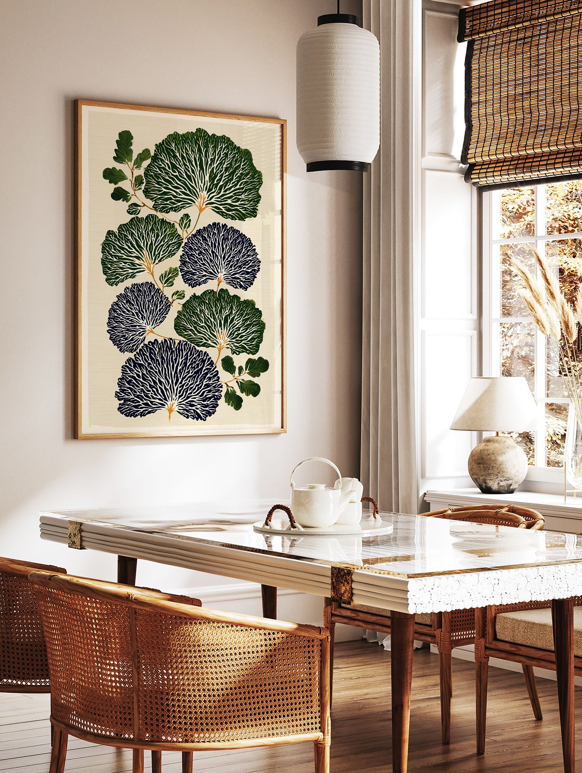 Botanical wall art print with stylized dark green and blue fan-like leaves, white veins, and green branches on a cream background. - Image 2