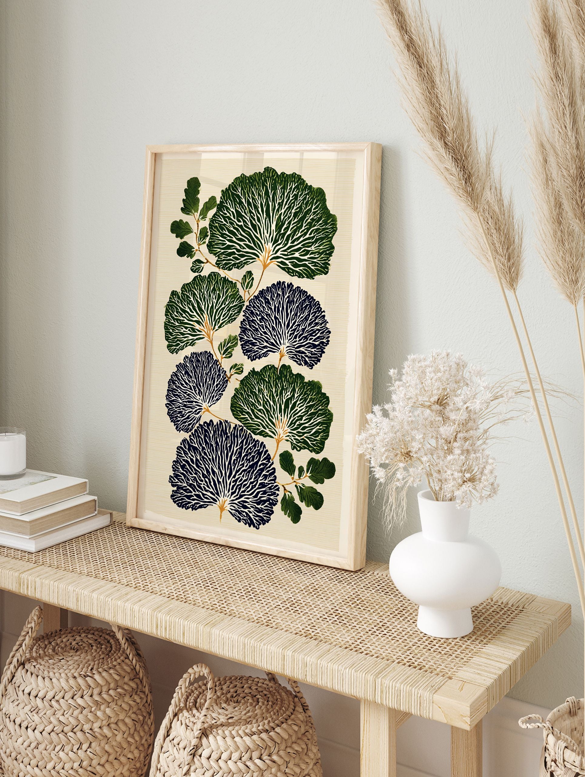 Botanical wall art print with stylized dark green and blue fan-like leaves, white veins, and green branches on a cream background. - Image 3