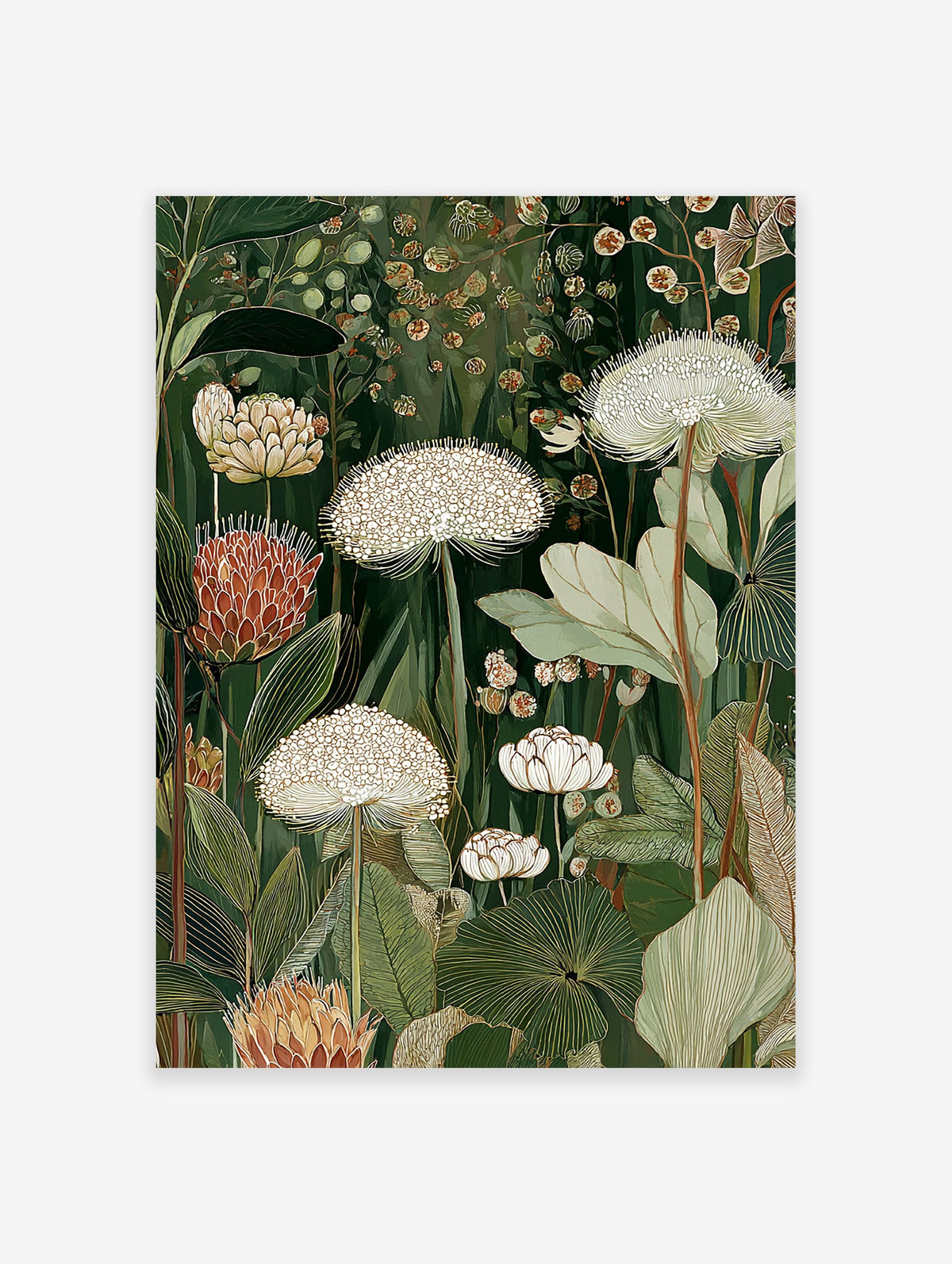 Lush botanical wall art illustration with white and reddish-brown flowers and green leaves on a dark green background.