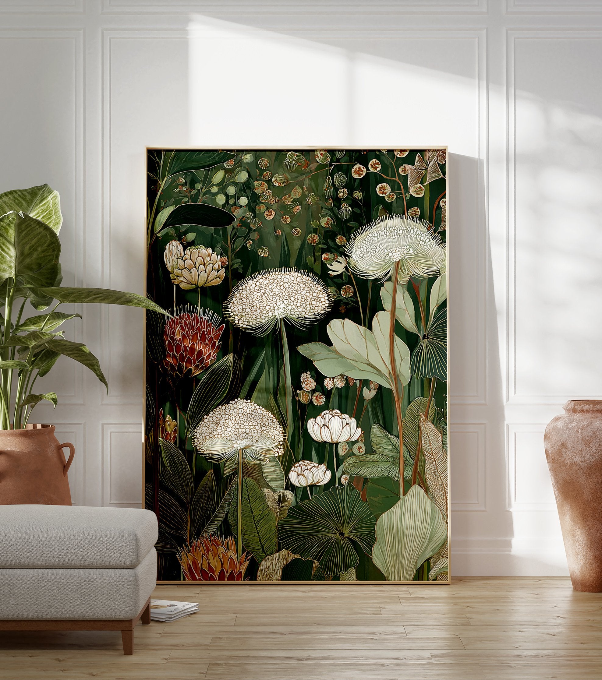 Lush botanical wall art illustration with white and reddish-brown flowers and green leaves on a dark green background. - Image 3