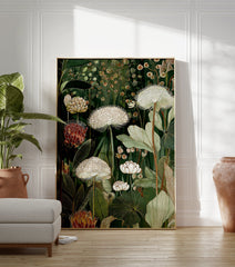 Lush botanical wall art illustration with white and reddish-brown flowers and green leaves on a dark green background. - Image 3