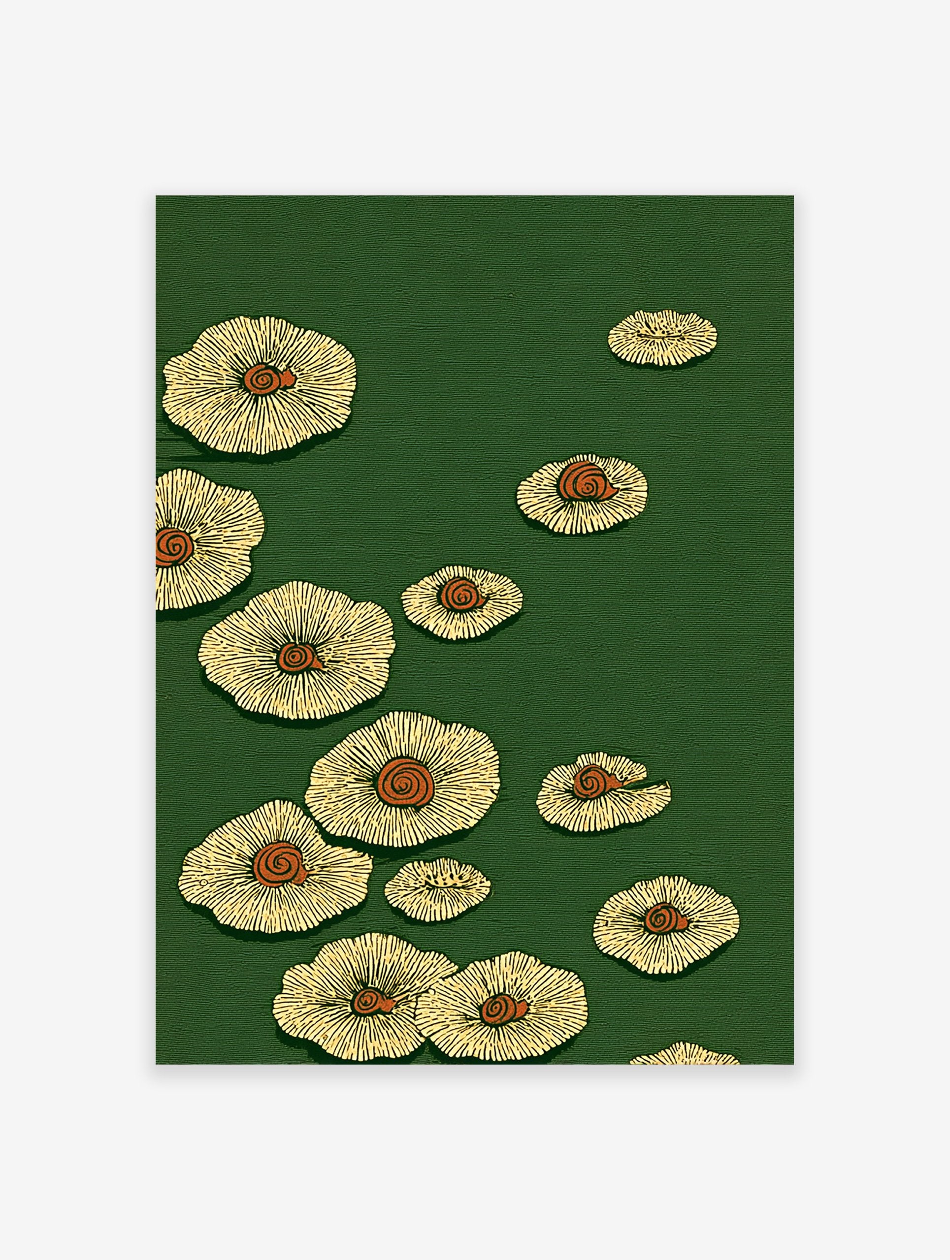 Green and yellow botanical wall art print featuring stylized mushroom or lily pad illustrations with orange spirals.