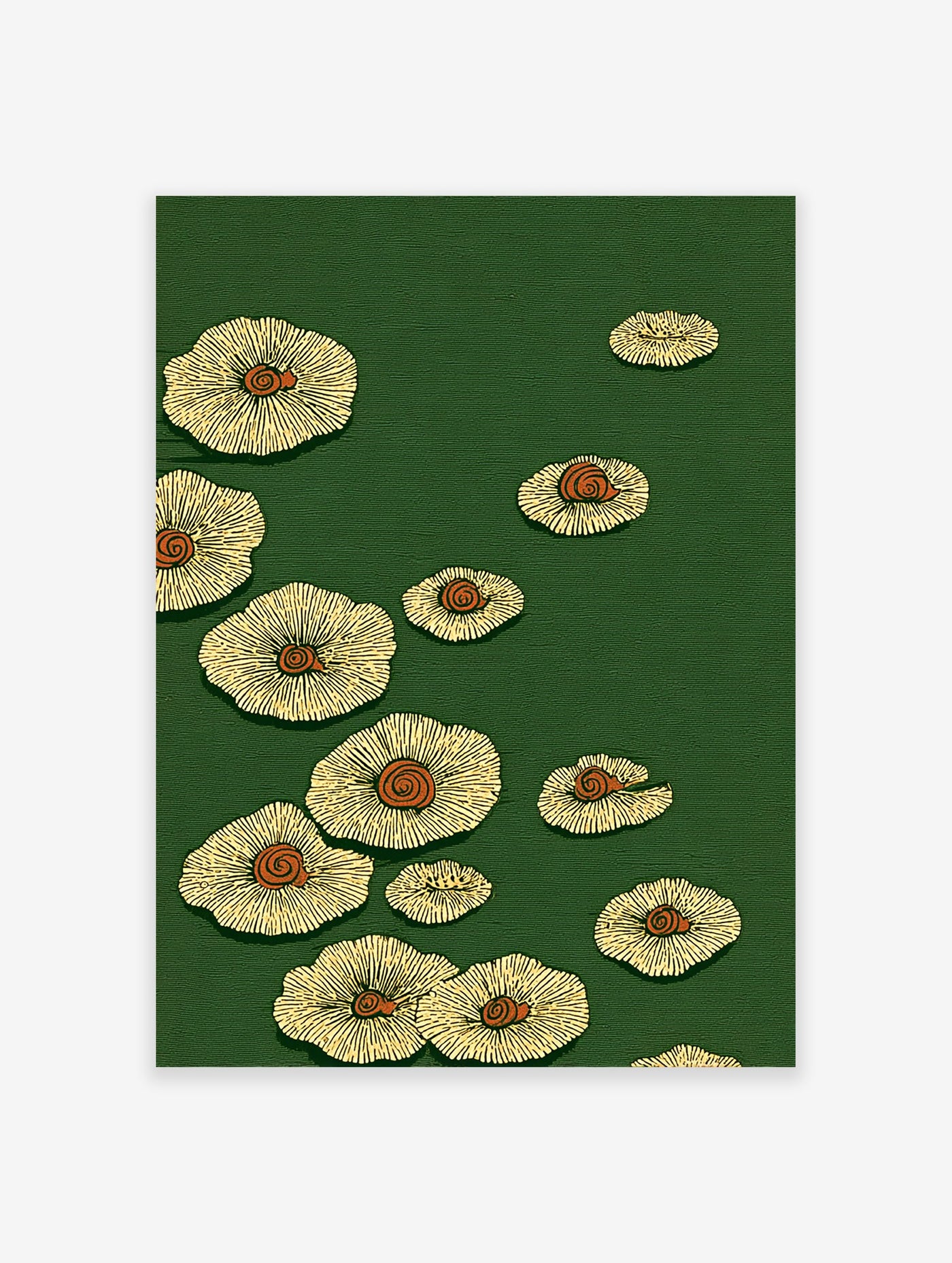 Green and yellow botanical wall art print featuring stylized mushroom or lily pad illustrations with orange spirals.
