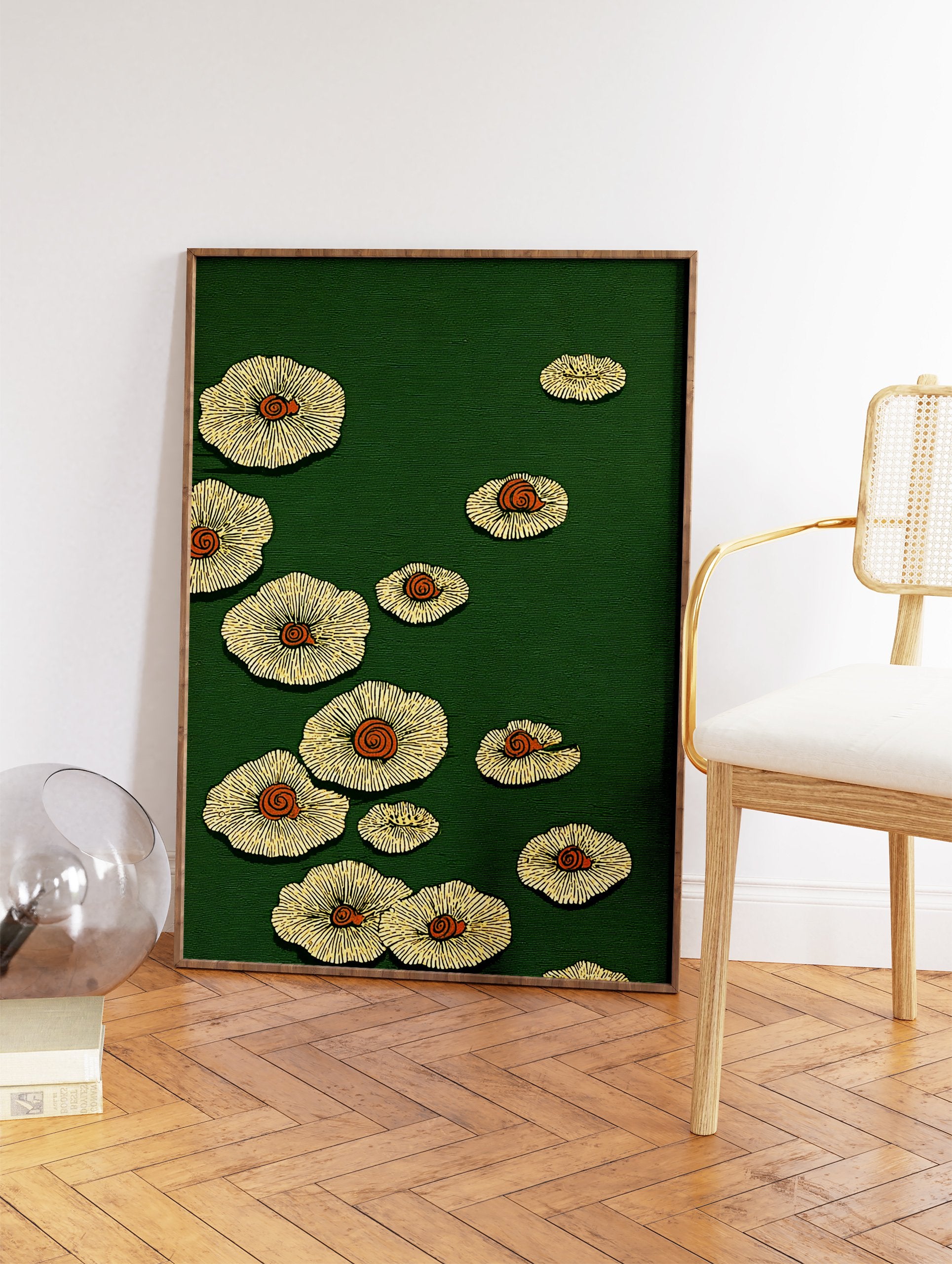 Green and yellow botanical wall art print featuring stylized mushroom or lily pad illustrations with orange spirals. - Image 2