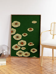 Green and yellow botanical wall art print featuring stylized mushroom or lily pad illustrations with orange spirals. - Image 2