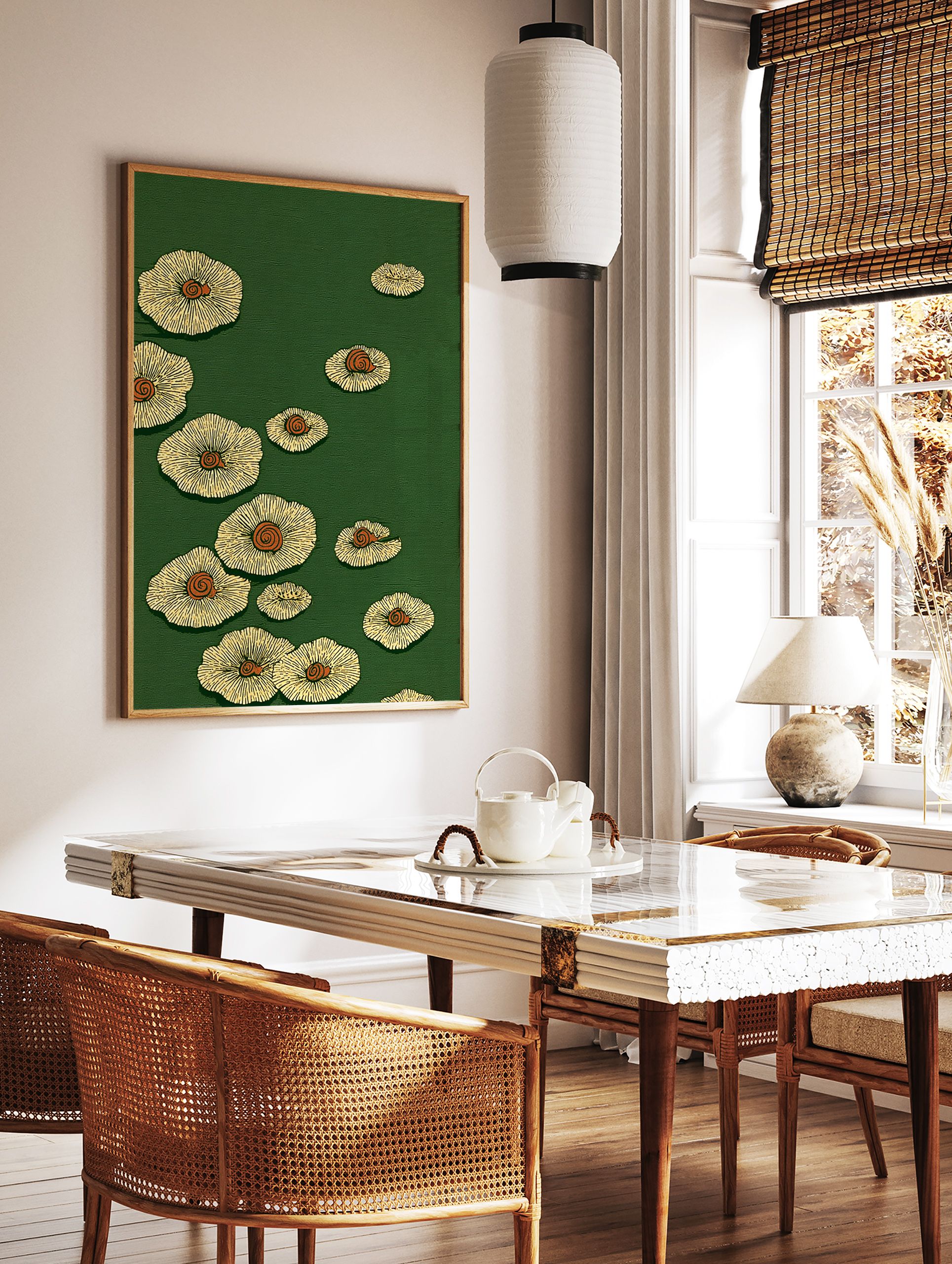 Green and yellow botanical wall art print featuring stylized mushroom or lily pad illustrations with orange spirals. - Image 3