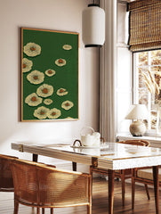 Green and yellow botanical wall art print featuring stylized mushroom or lily pad illustrations with orange spirals. - Image 3