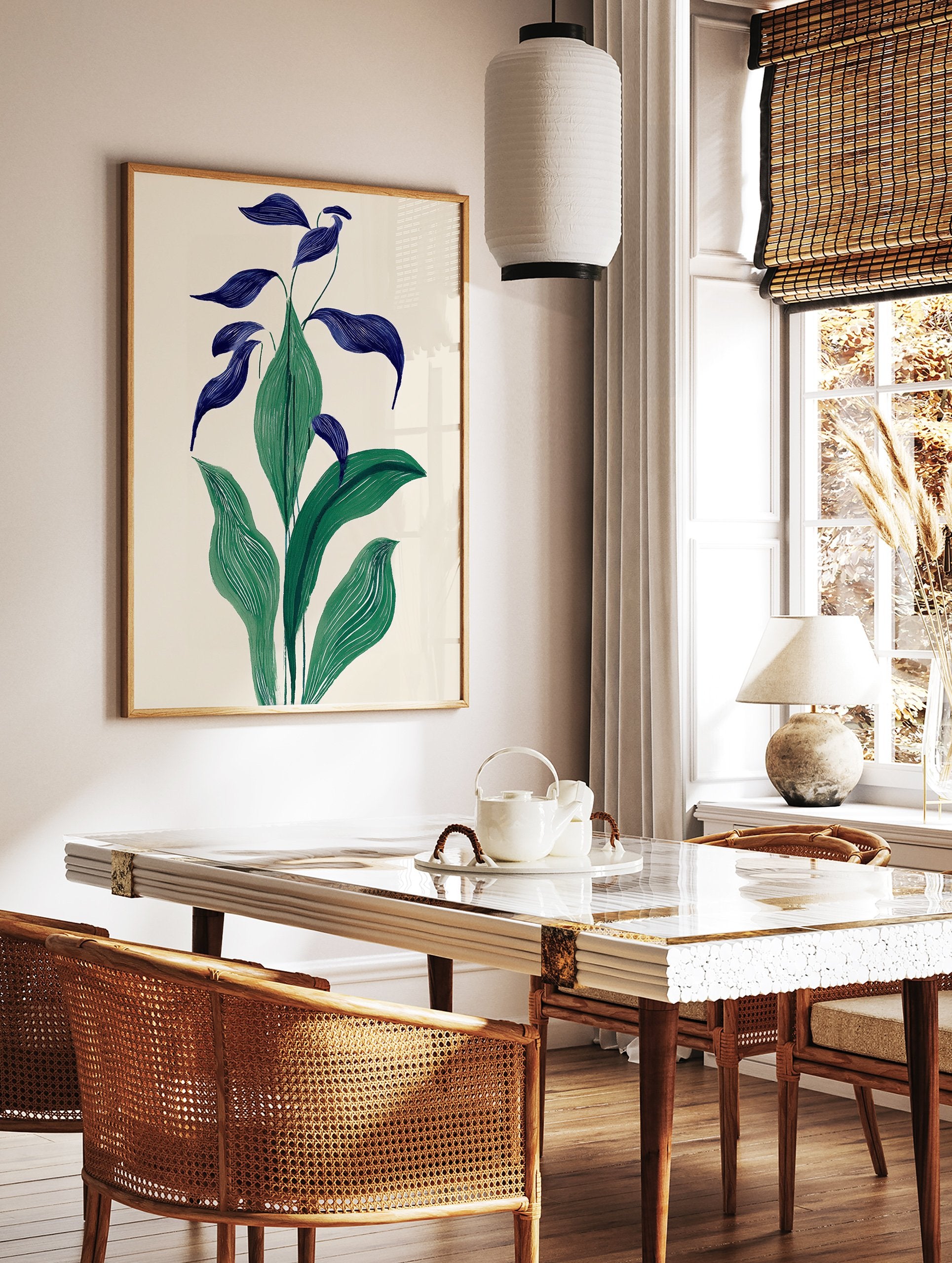Modern botanical art print with green and deep blue broad leaves on a light cream background, in an illustrative style. - Image 2