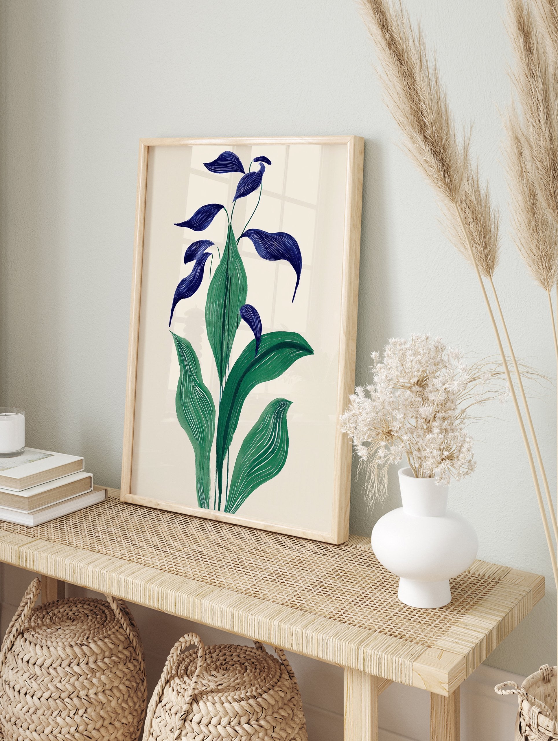 Modern botanical art print with green and deep blue broad leaves on a light cream background, in an illustrative style. - Image 3