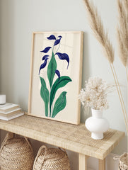 Modern botanical art print with green and deep blue broad leaves on a light cream background, in an illustrative style. - Image 3