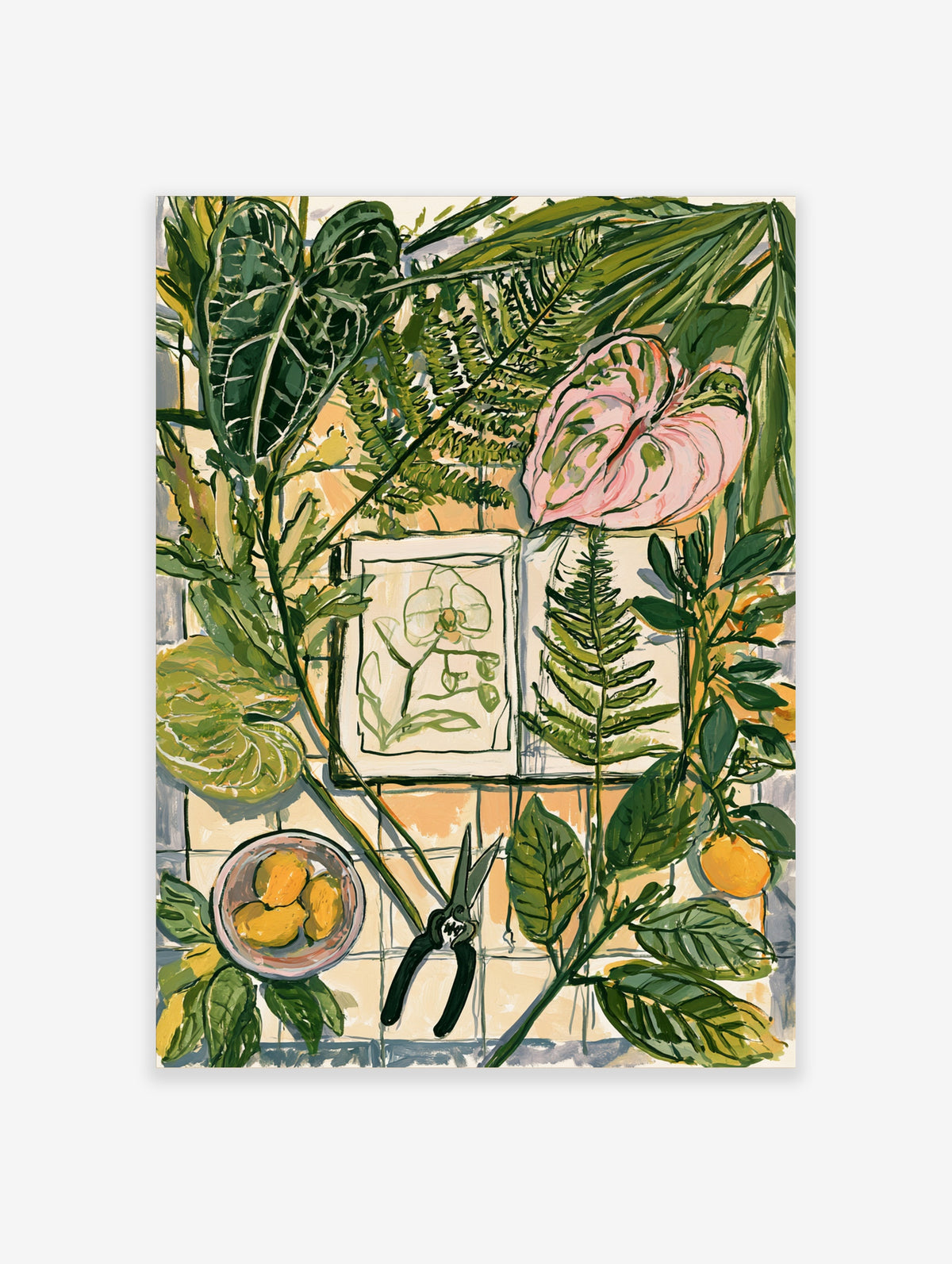 Botanical art print with pink anthurium, fern fronds, green leaves, framed sketch, scissors and citrus fruit