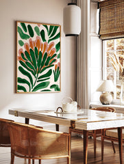 Abstract botanical wall art with green leaves, orange and pink floral shapes on a cream background. - Image 2