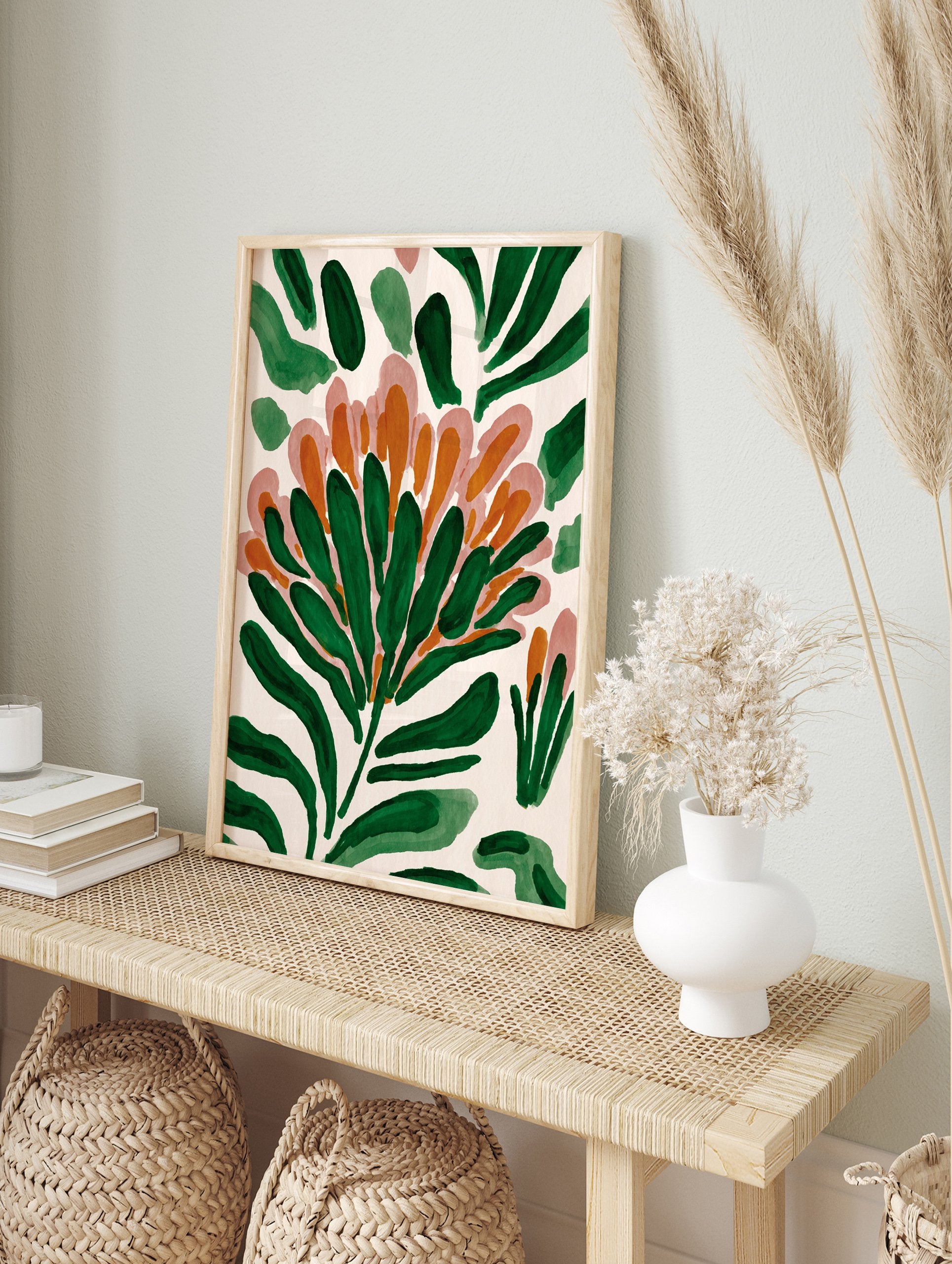Abstract botanical wall art with green leaves, orange and pink floral shapes on a cream background. - Image 3