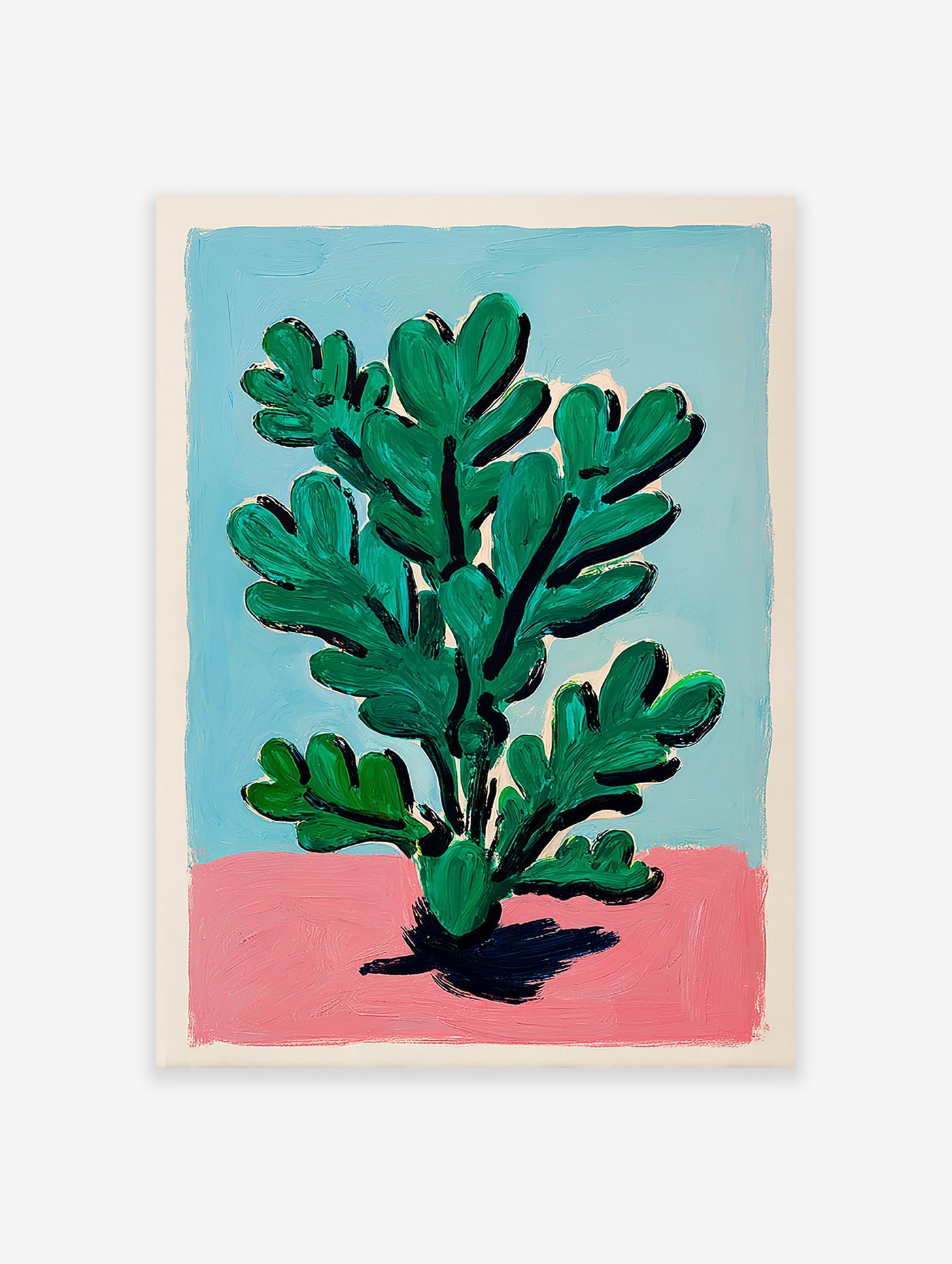 Modern botanical wall art featuring a green plant with bold leaves on a pink and blue background.