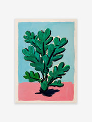 Modern botanical wall art featuring a green plant with bold leaves on a pink and blue background.
