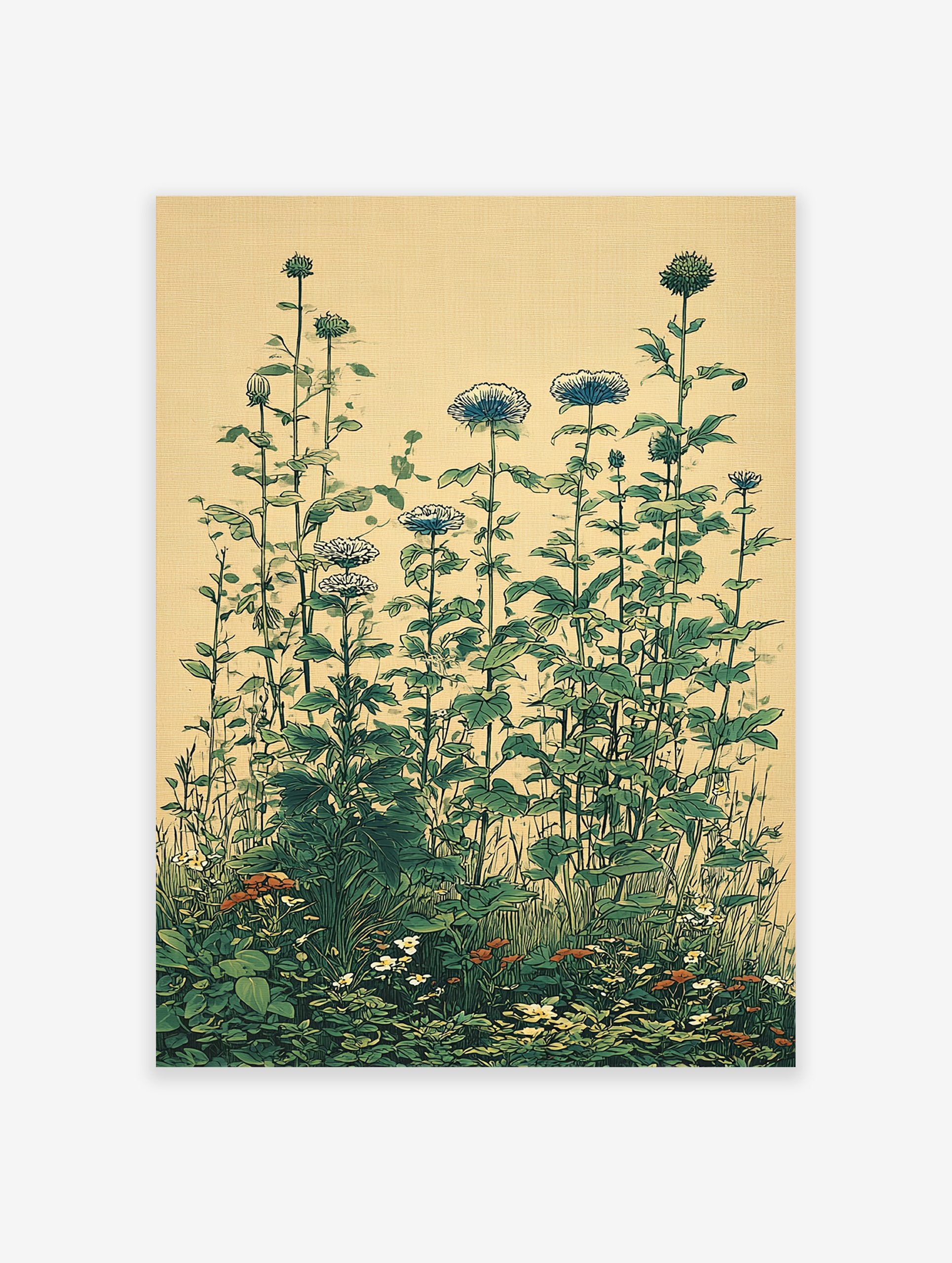 Vintage botanical wall art illustration of tall green plants, blue flowers, and small white & orange blossoms on a light background.