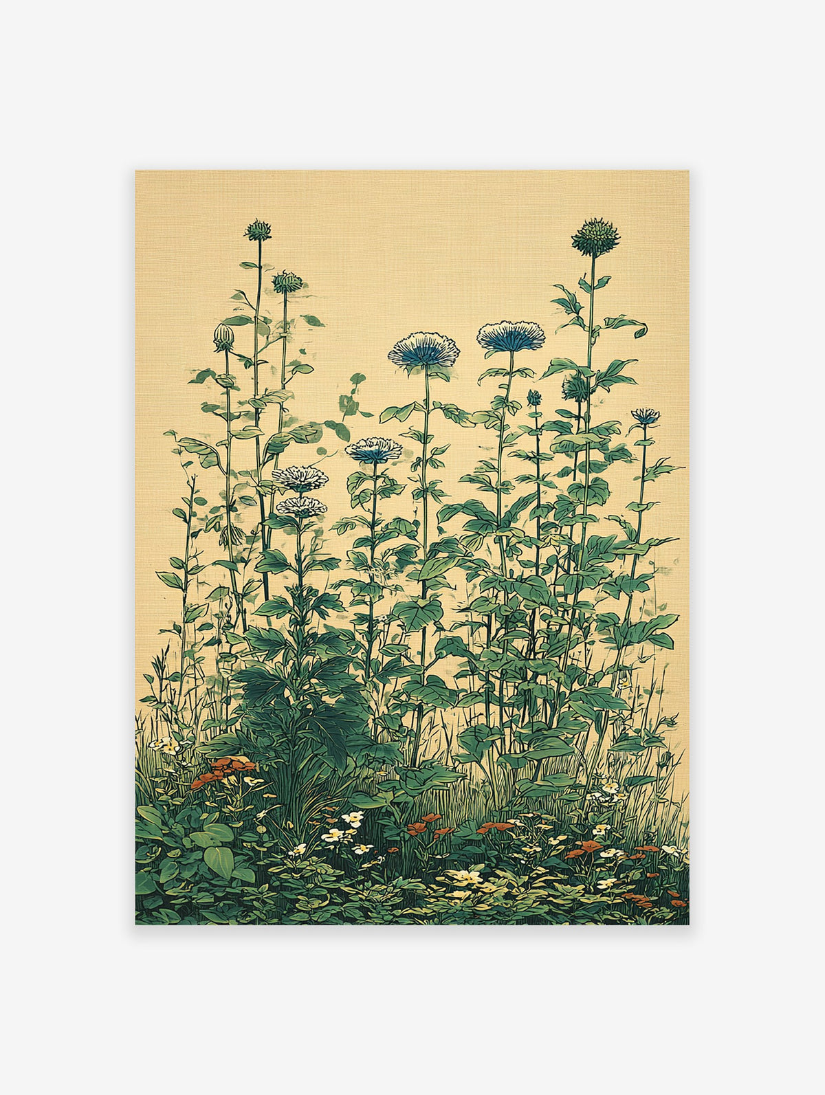 Vintage botanical wall art illustration of tall green plants, blue flowers, and small white & orange blossoms on a light background.