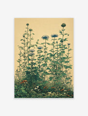 Vintage botanical wall art illustration of tall green plants, blue flowers, and small white & orange blossoms on a light background.