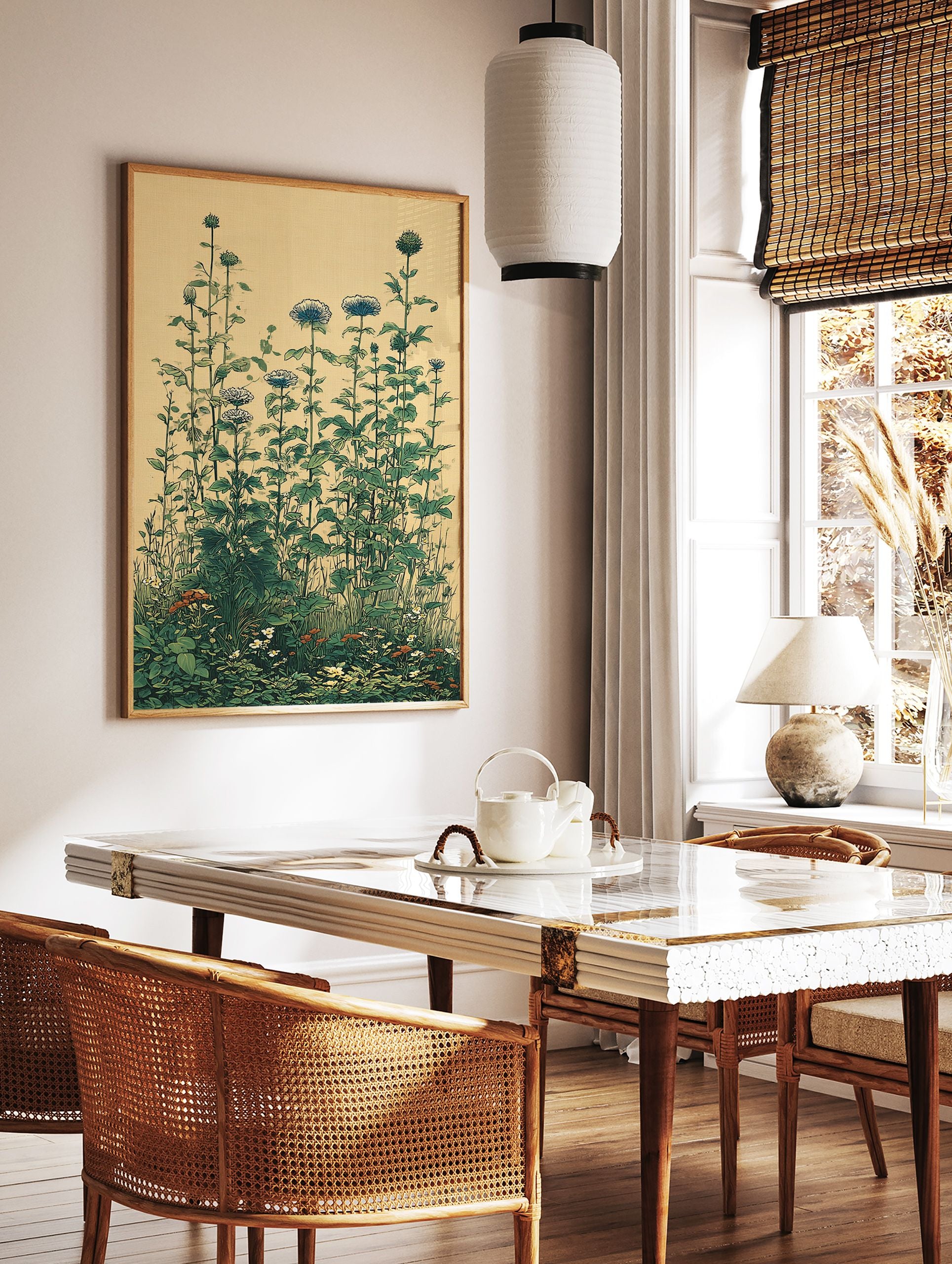 Vintage botanical wall art illustration of tall green plants, blue flowers, and small white & orange blossoms on a light background. - Image 2