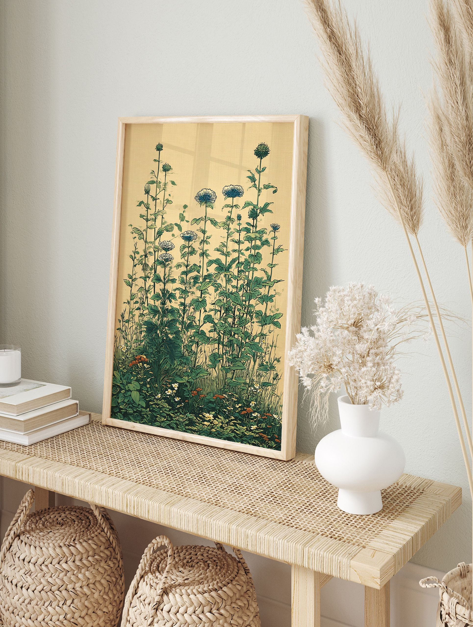 Vintage botanical wall art illustration of tall green plants, blue flowers, and small white & orange blossoms on a light background. - Image 3