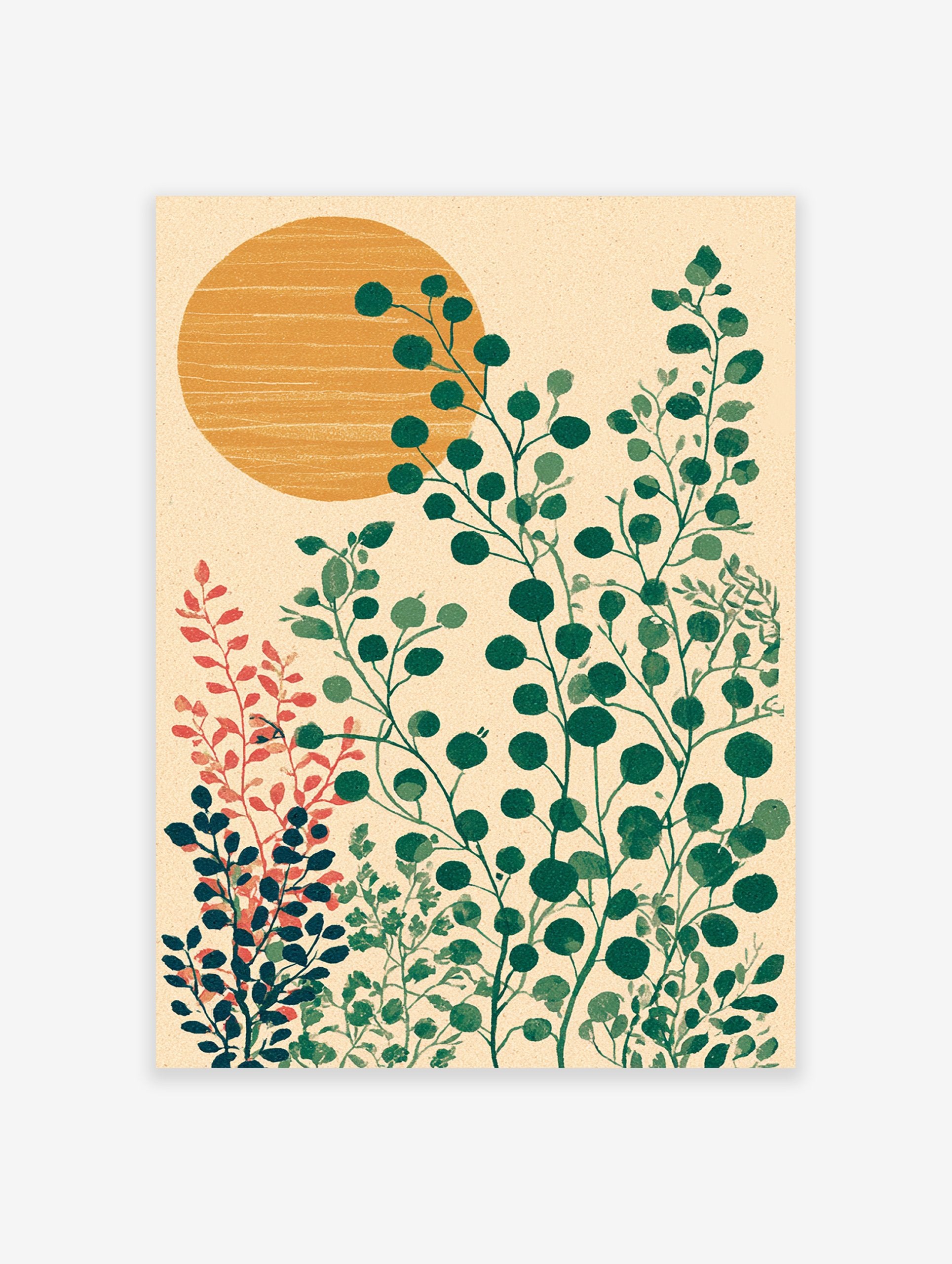 Modern botanical wall art print featuring green leafy plants and an orange sun on a textured beige background.