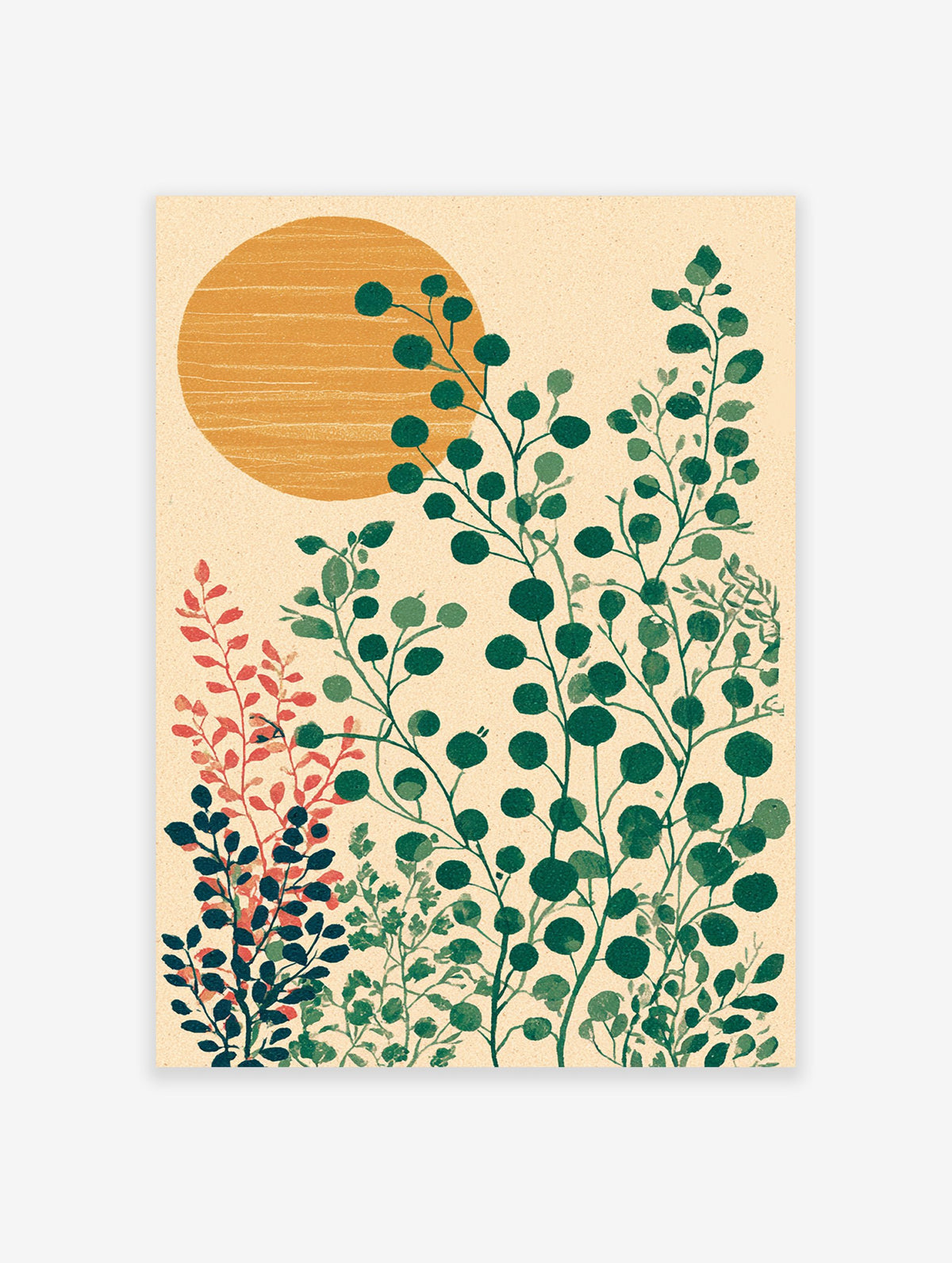 Modern botanical wall art print featuring green leafy plants and an orange sun on a textured beige background.