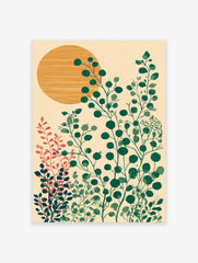 Modern botanical wall art print featuring green leafy plants and an orange sun on a textured beige background.