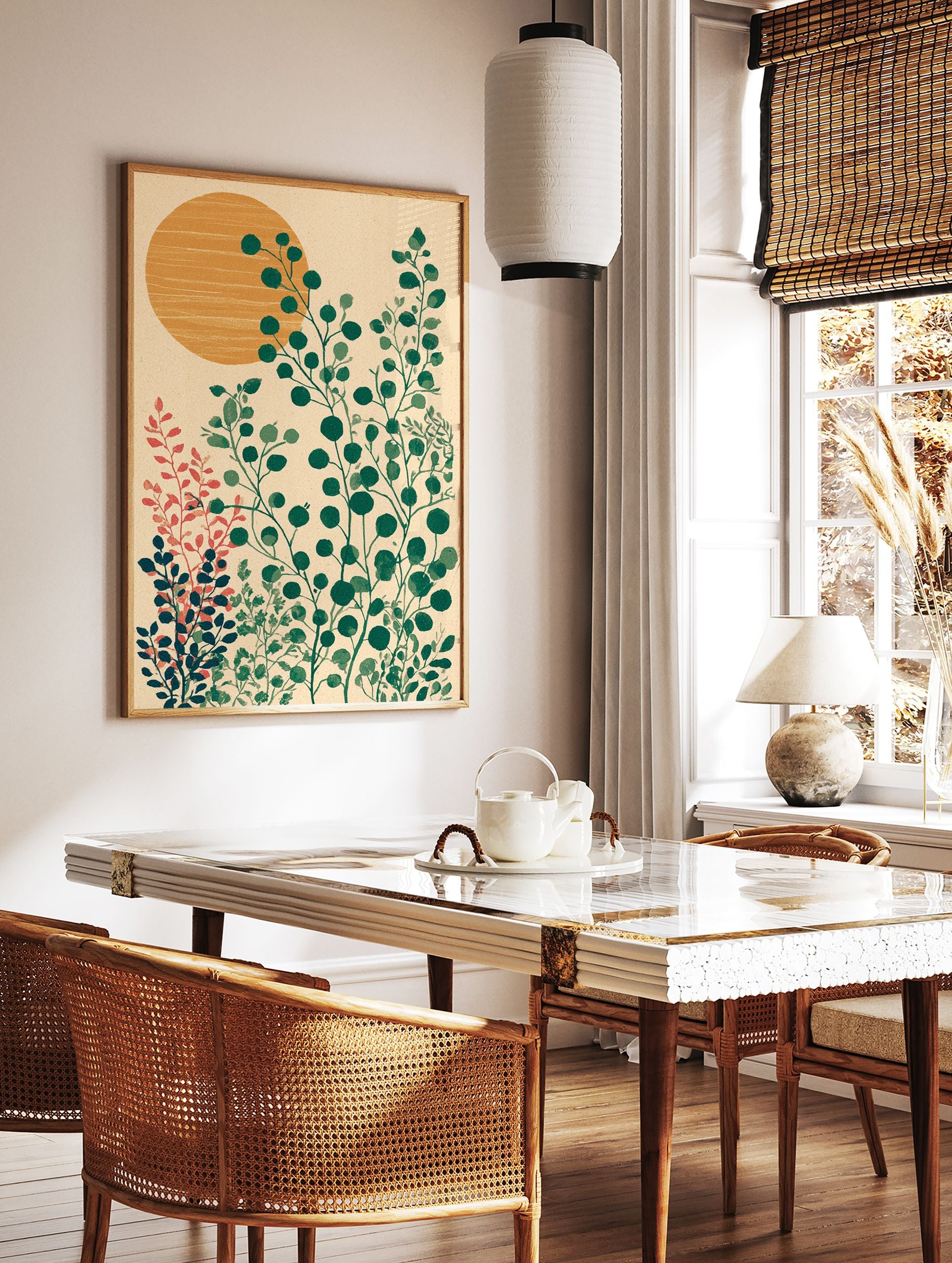Modern botanical wall art print featuring green leafy plants and an orange sun on a textured beige background. - Image 2