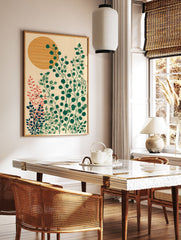 Modern botanical wall art print featuring green leafy plants and an orange sun on a textured beige background. - Image 2