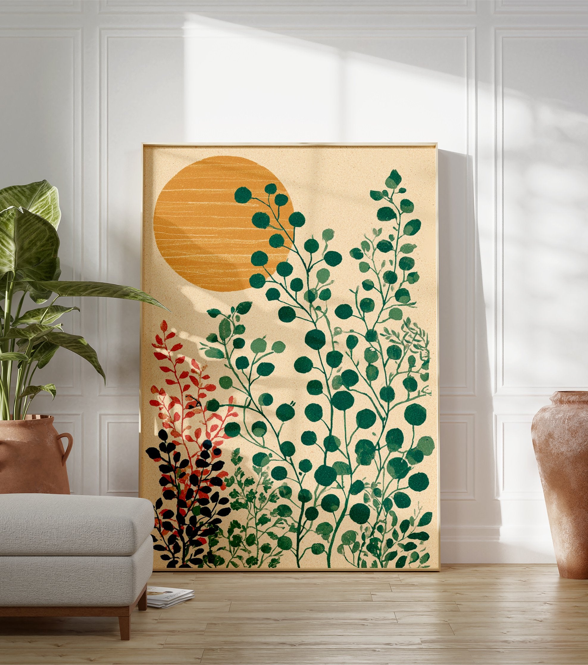 Modern botanical wall art print featuring green leafy plants and an orange sun on a textured beige background. - Image 3
