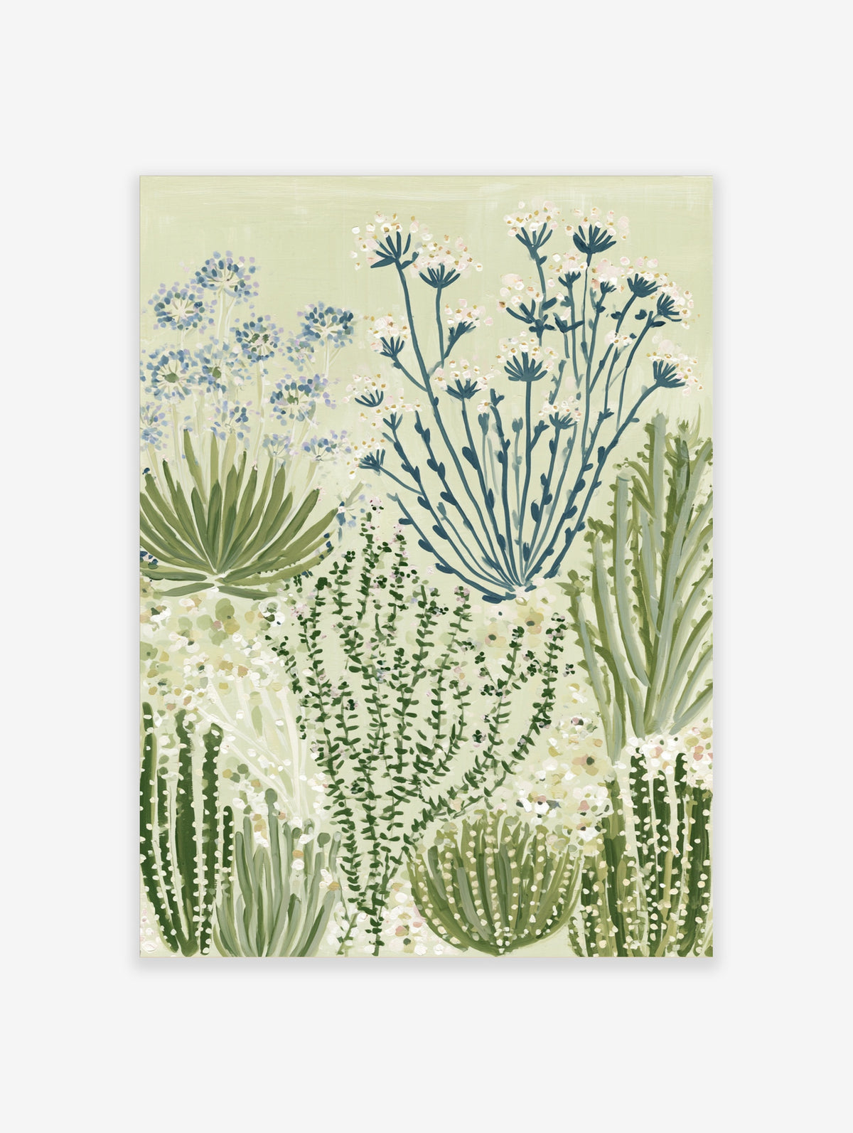 Botanical art print of green succulents, blue wildflowers, and trailing foliage on a pale green background