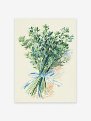 Green thyme herb botanical illustration art print tied with a blue ribbon on a cream background.