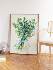 Green thyme herb botanical illustration art print tied with a blue ribbon on a cream background. - Image 2