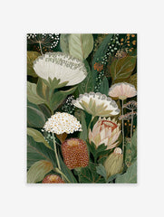 Botanical wall art print with detailed illustrative green leaves, white flowers, and brown seed pods on a dark background.