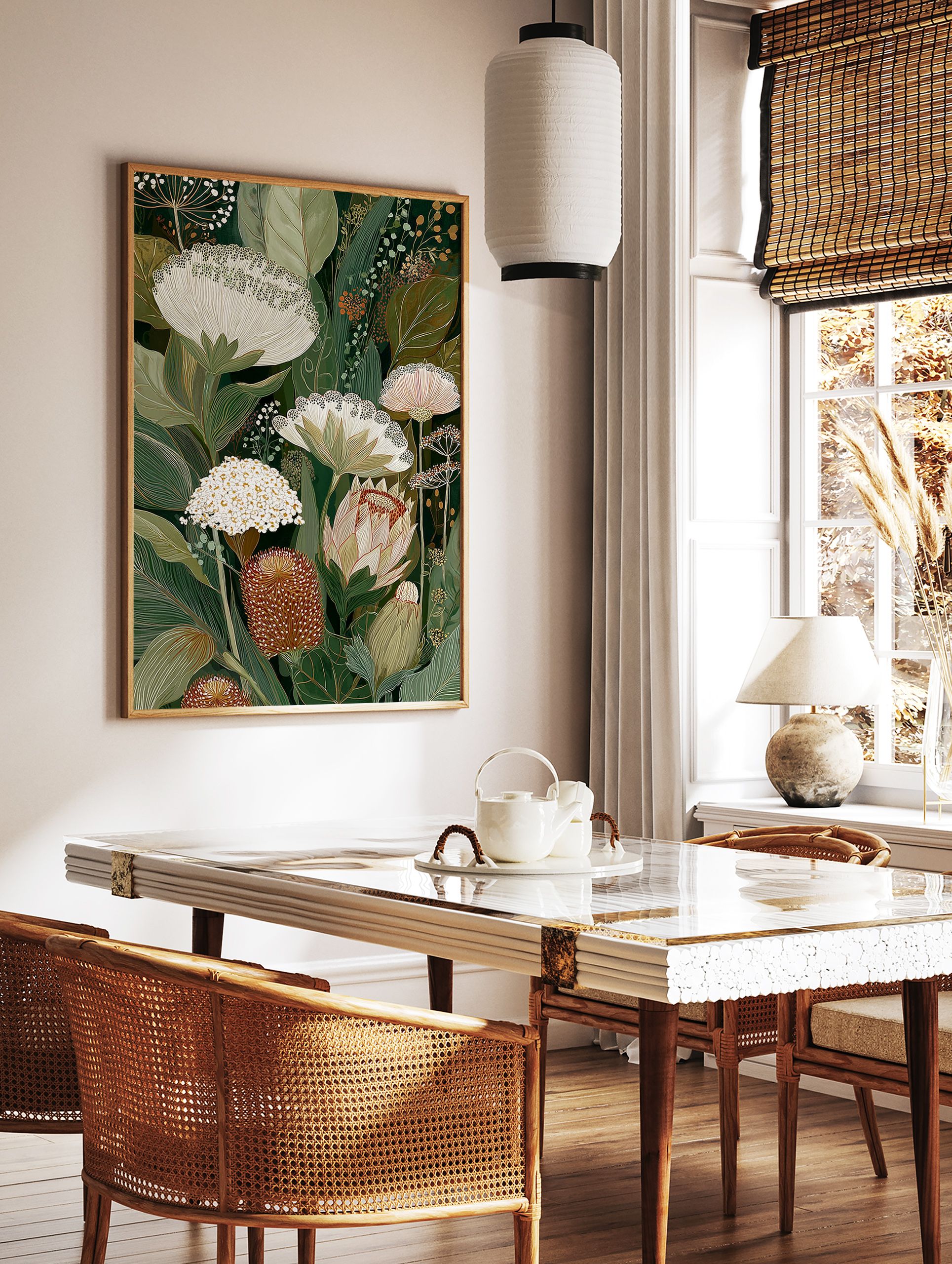 Botanical wall art print with detailed illustrative green leaves, white flowers, and brown seed pods on a dark background. - Image 2