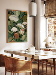 Botanical wall art print with detailed illustrative green leaves, white flowers, and brown seed pods on a dark background. - Image 2