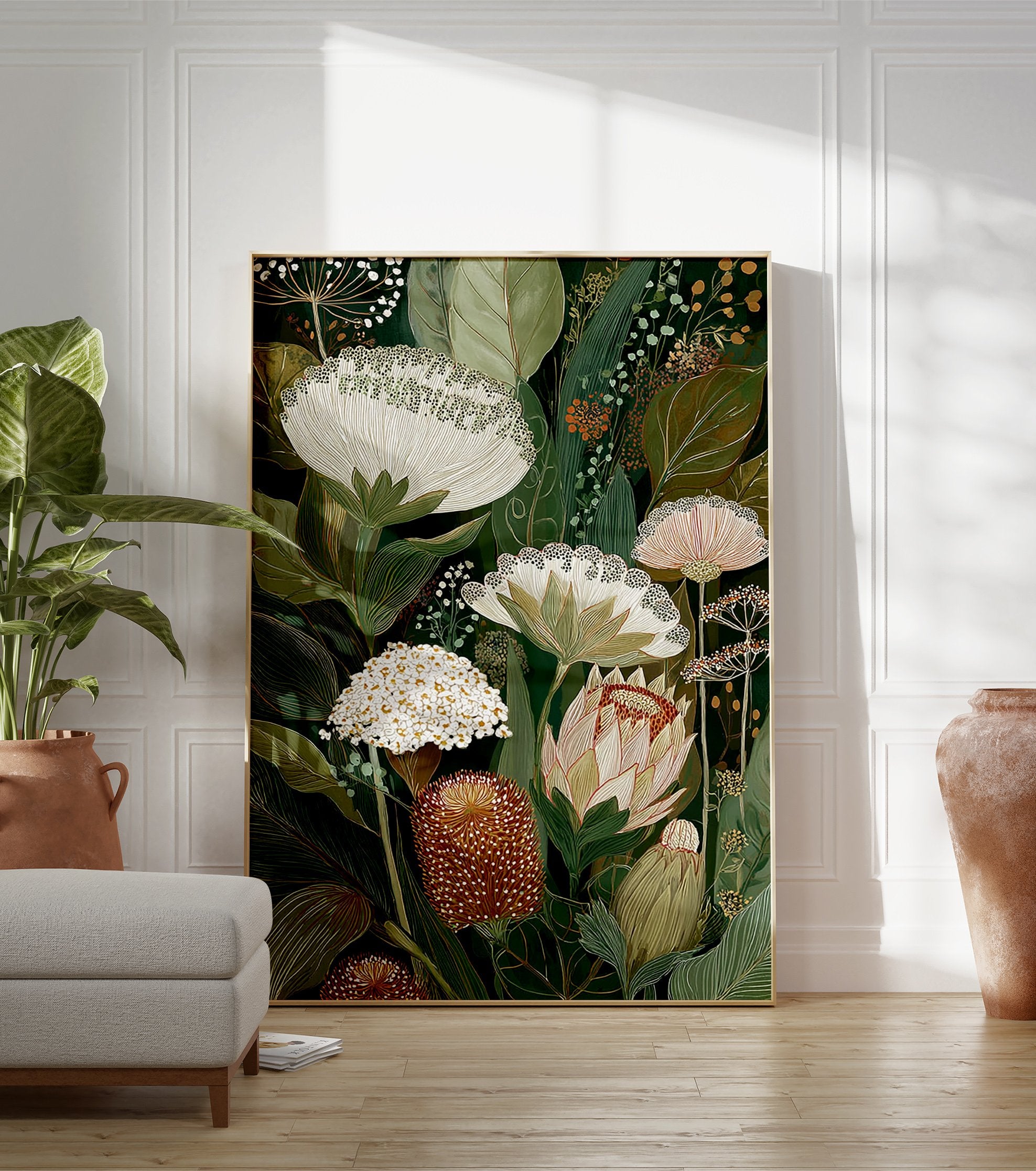 Botanical wall art print with detailed illustrative green leaves, white flowers, and brown seed pods on a dark background. - Image 3