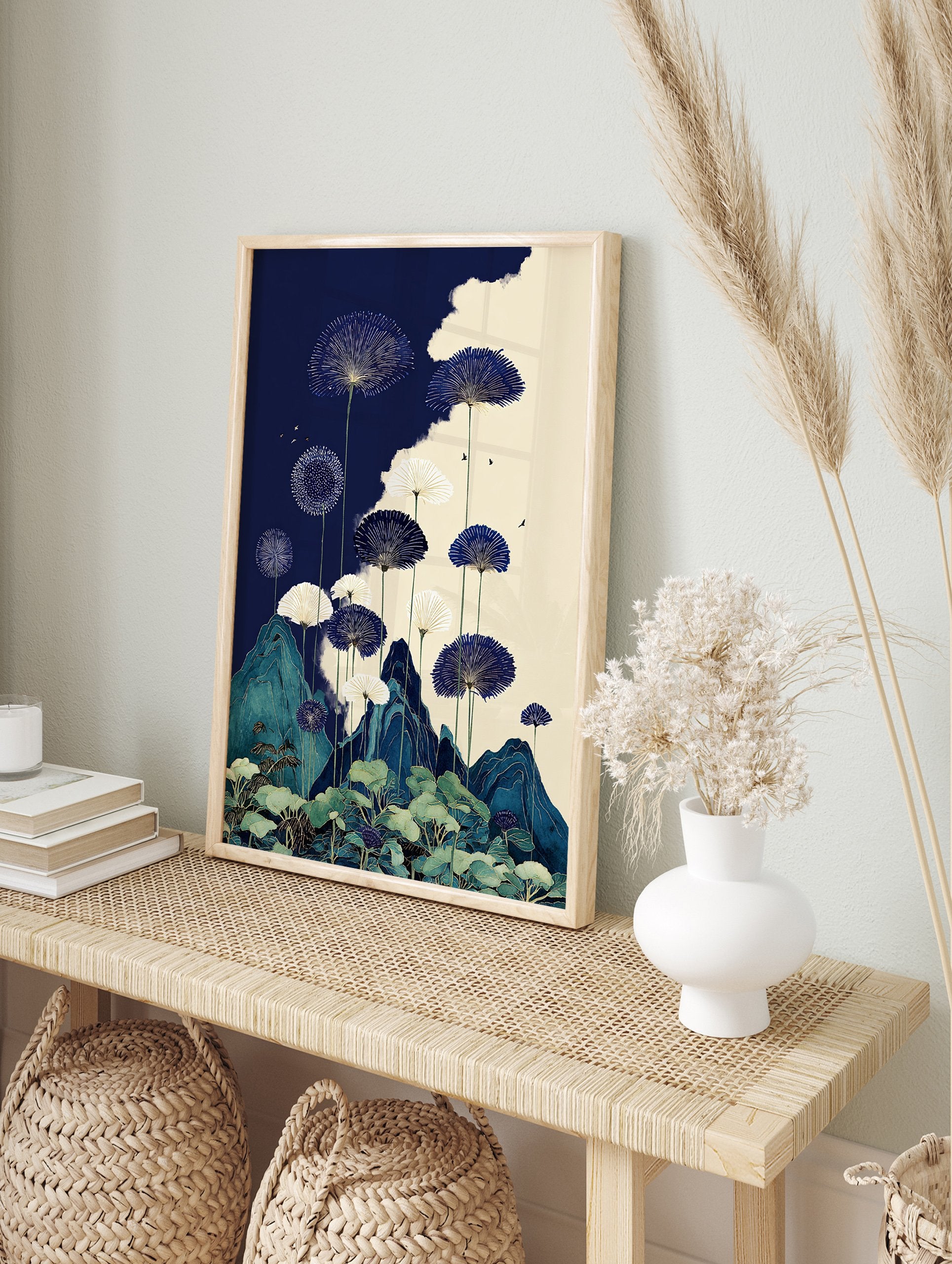 Indigo blue botanical wall art featuring stylized fan-like flowers, green mountains, and water plants in a Japanese style. - Image 3