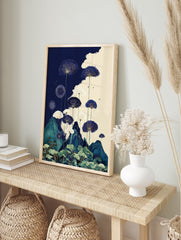 Indigo blue botanical wall art featuring stylized fan-like flowers, green mountains, and water plants in a Japanese style. - Image 3