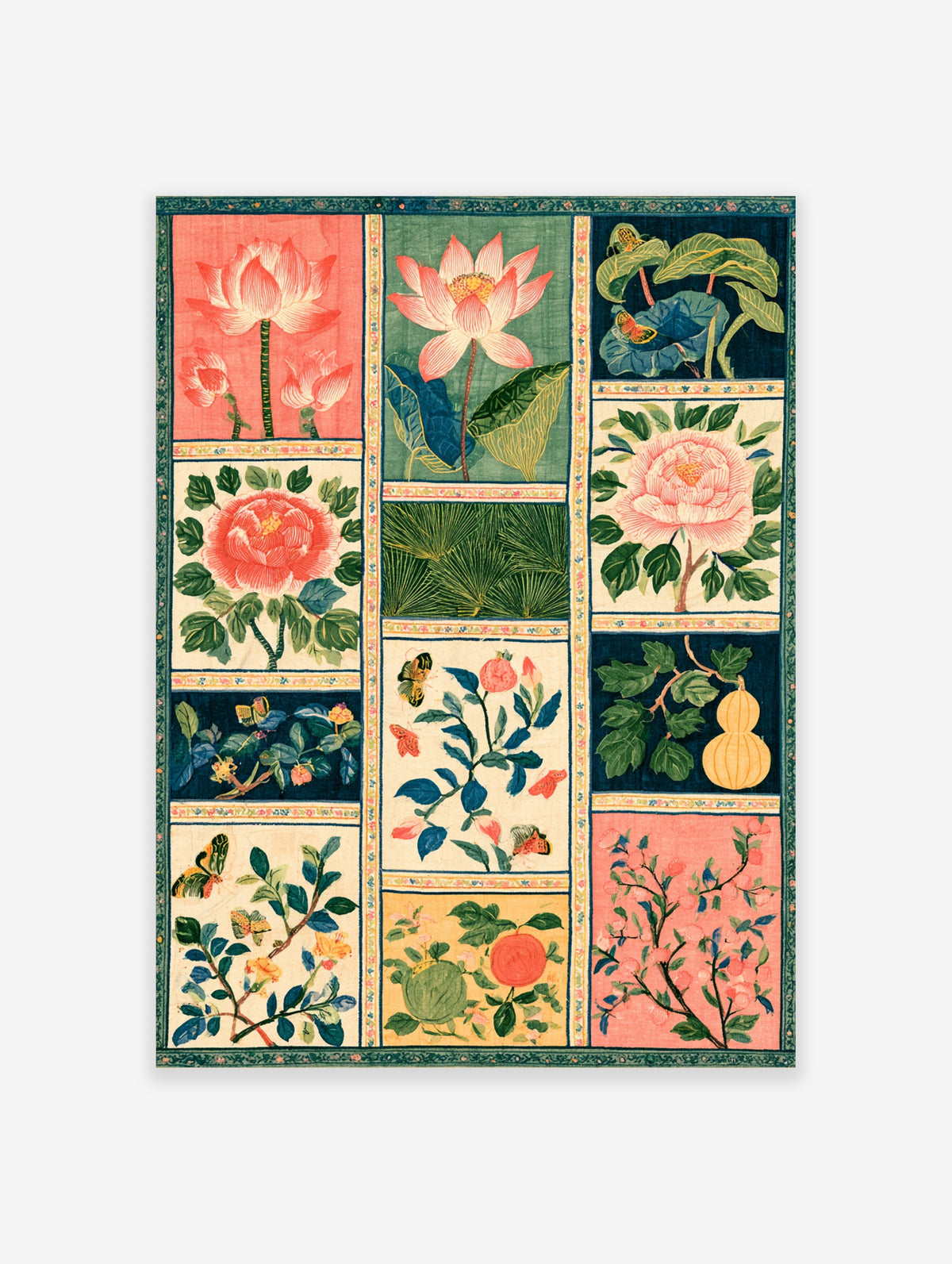 Botanical wall art print with Japanese lotus, peony, gourd, and butterflies in a multi-panel grid